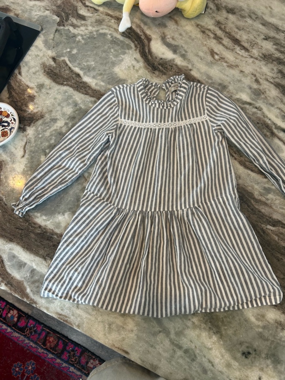 Petite Lucette Gray and White Striped Dress size 4t GUC missing one button